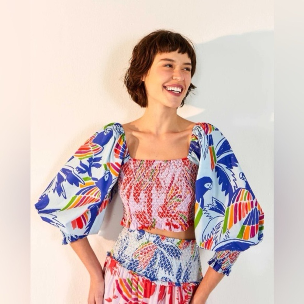 Farm Rio Colorful Birds Shirred Puff Sleeve Top